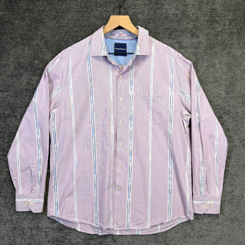 Tommy Bahama Button Down Shirt Stripe Cotton Pink Blue Mens L‎